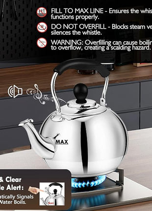 Dclobtop Whistling Tea Kettle Stovetop - 2.3 Quart Round Tea Pot for Stovetop, Silver Mirror Polished Classic Stovetop Kettle, Food Grade Material Teapot for Stove Top