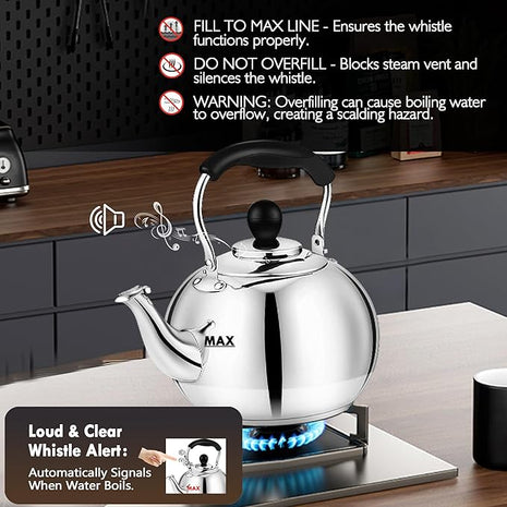 Dclobtop Whistling Tea Kettle Stovetop - 2.3 Quart Round Tea Pot for Stovetop, Silver Mirror Polished Classic Stovetop Kettle, Food Grade Material Teapot for Stove Top