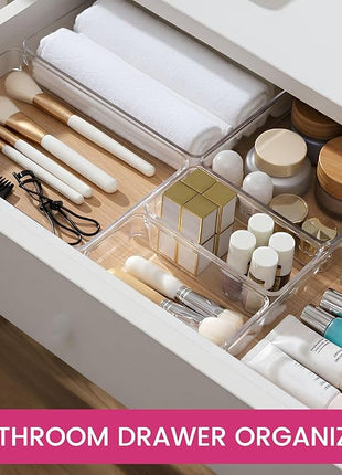 Criusia 26 Pack Large Clear Plastic Drawer Organizer Bins -5 Size Heavy Duty Acrylic Kitchen Drawer Organizers and Storage for Utensils -Bathroom Drawer Organizer Trays for Makeup Office Organization