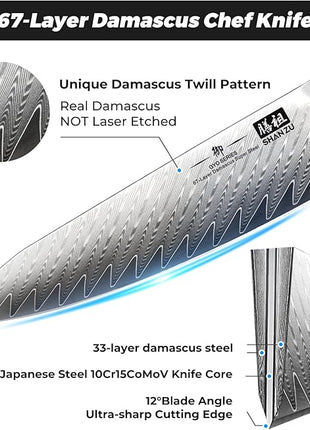 SHAN ZU Damascus Kitchen Knife Set, 7-Piece Professional Knife Sets for Chefs, Japanese 10Cr15CoMoV Super Steel With G10 Handle Knife Block Set, GYO Series