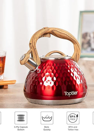 Tea Kettle, Toptier Teapot Whistling Kettle with Wood Pattern Handle Loud Whistle, Food Grade Stainless Steel Tea Pot for Stovetops Induction Diamond Design Water Kettle, 2.7-Quart Red