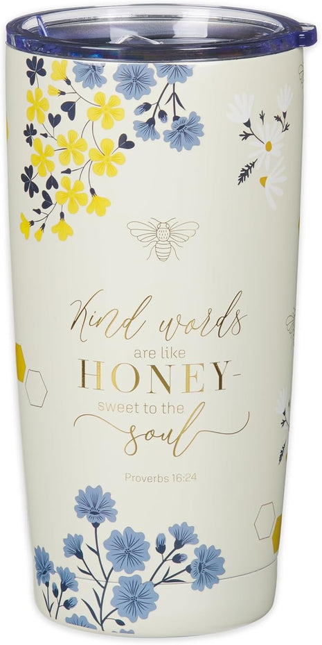Christian Art Gifts Stainless Steel Scripture Tumbler Travel Mug for Women: Kind Words Bible Verse, Cute Bumble Bee, Double-wall Vacuum Insulated, Lid, Hot/Cold, Creamy White Multicolor Floral, 18oz.