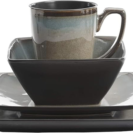 Gibson Elite Tequesta Square Reactive Glaze Stoneware Plates and Bowls Dishes Dinnerware Set, Service for 4 (16pcs), Taupe