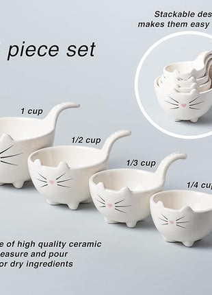 White Ceramic Cat Measuring Cups: Set of Cat Shaped Bowls - 1 Cup, 1/2 Cup, 1/3 Cup and 1/4 Cup