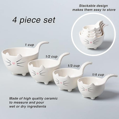 White Ceramic Cat Measuring Cups: Set of Cat Shaped Bowls - 1 Cup, 1/2 Cup, 1/3 Cup and 1/4 Cup