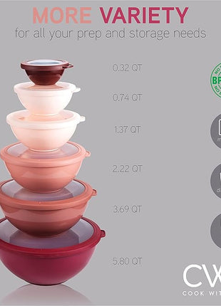 COOK WITH COLOR Mixing Bowls with TPR Lids - 12 Piece Plastic Nesting Bowls Set includes 6 Prep Bowls and 6 Lids, Microwave Safe (Rose)