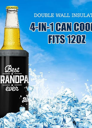 SANDJEST 4-in-1 Grandpa Tumbler Gifts for Papa from Grandkids - 12oz Best Grandpa Ever Can Cooler Tumblers Cup - Stainless Steel Insulated Cans Coozie Christmas, Birthday, Father's Day Gift for Papas