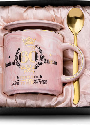 60th Birthday Gifts for Women - Fabulous 1965 Aged to Perfection Happy Birthday Mug - Limited Edition 60th Pink Coffee Mug Printed with Gold, Gift Idea for Turning 60 Years Old Women, Gift Boxed