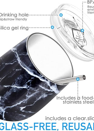 THILY Wine Tumbler Stainless Steel Insulated Stemless Wine Glass with Lid and Straw, Travel Cup Keep Cold for Coffee, Cocktails, Black Marble