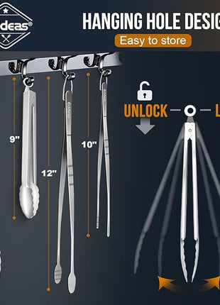 Tongs For Cooking - Heat Resistant 600 Degrees, All Metal Kitchen Tweezers Tongs, Heavy Duty Stainless Steel Cooking for Food, Grill, BBQ, Dishwasher safe Set of 4 (12" & 9in)
