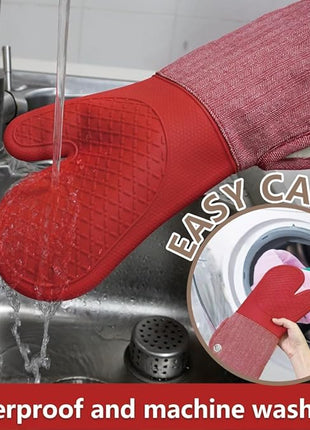 Professional Microwave Silicone Oven Mitts one Pair, Kitchen Mitten Set for Heat Resistant with 500 Degrees, Kitchen Gloves Pot Holder for BBQ Cooking Baking (Red)