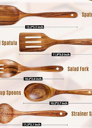 Wooden Spoons for Cooking, 5 Pcs Wooden Utensils for Cooking Natural Teak Wooden Kitchen Utensils Set