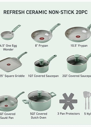 T-Fal Refresh Ceramic Nonstick Cookware Set, 20-Piece, Oven Safe to 350°F, Stockpot, Ceramic Pots and Pans Set, Frying Pans, Griddle, Utensils, Mint Green