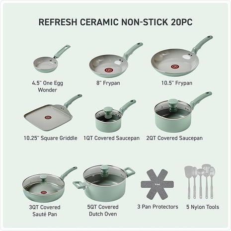 T-Fal Refresh Ceramic Nonstick Cookware Set, 20-Piece, Oven Safe to 350°F, Stockpot, Ceramic Pots and Pans Set, Frying Pans, Griddle, Utensils, Mint Green