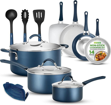 NutriChef 14-Piece Navy Blue Nonstick Cookware Set - Durable Pots and Pans Set with Lids & Utensils, Compatible with All Cooktops