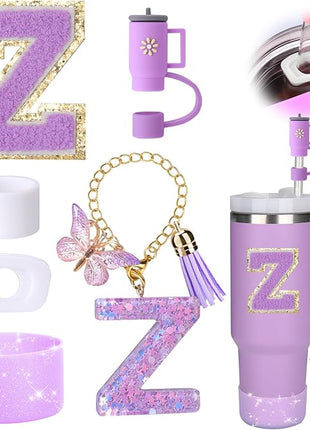 Mity rain 6PCS Cup Accessories Set for Stanley Cup 30oz 40oz tumbler with handle, Including Silicone Straw Topper Cover Cap and Boot, Spill Proof Stopper, Handle Charm, Initials Sticker (Letter Z)