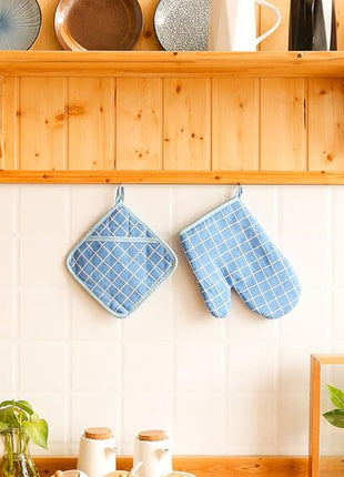 Oven Mitts and Potholders BBQ Gloves-Oven Mitts and Pot Holders with Recycled Infill Silicone Non-Slip Cooking Gloves for Cooking Baking Grilling (4-Piece Set,Blue)