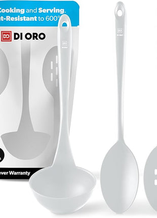 DI ORO Silicone Ladle & Spoons for Cooking – Large Kitchen Spoons for Mixing, Serving, & Stirring - Soup Ladle with Wide Bowl - High Heat Silicone Kitchen Utensils for Nonstick Cookware Safe (Stone)