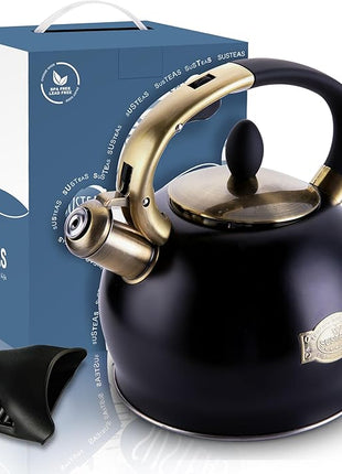 SUSTEAS Stove Top Whistling Tea Kettle - Food Grade Stainless Steel Teakettle Teapot with Cool Touch Ergonomic Handle, With 1 Silicone Pinch Mitt Included, 2.64 Quart(BLACK)