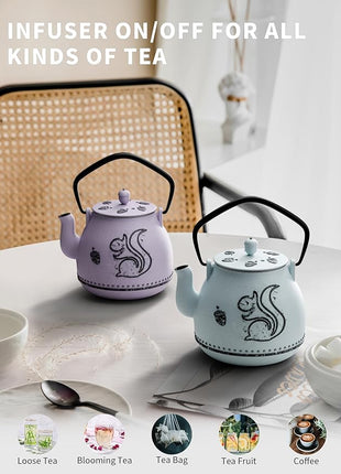 Toptier Teapot with Removable Infuser, Cast Iron Tea Kettle Stovetop Safe, Squirrel Design Tea Pot Coated with Enameled Interior for 32 Ounce (950 ml), Purple