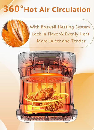 Glass Air Fryer, 7.6QT with Transparent Fry Bowl, Circulating Heating, Temperature Control, Air Fryer Roast, Dishwasher Safe (White)