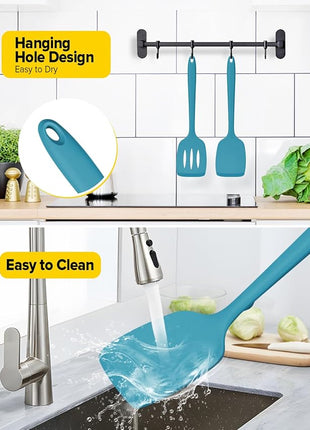 Pack of 2 Silicone Spatula Turners, Non Stick Slotted Kitchen Spatula Set, Heat Resistant BPA Free Kitchen Utensils, One-Piece Design, Suitable for Flipping Fish, Eggs, Steak, Pancakes(BLUE)