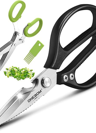 ONEBOM Kitchen Scissors 2 Pack, Heavy Duty All Purpose Shears for Cutting Meat, Fish, Poultry, Dishwasher Safe, Stainless Steel with Blade Kitchen Salad Scissors (Black)