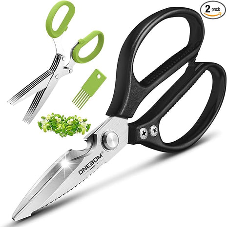 ONEBOM Kitchen Scissors 2 Pack, Heavy Duty All Purpose Shears for Cutting Meat, Fish, Poultry, Dishwasher Safe, Stainless Steel with Blade Kitchen Salad Scissors (Black)