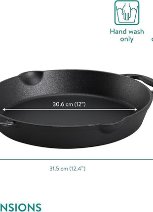 Navaris Cast Iron Skillet Pan - Oven Safe 2 Handle Frying Skillets - Pre Seasoned Pans for Stove or BBQ Cooking - 12 Inch / 30cm