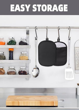 Hovico 2PCS Silicone Pot Holders, Oven Mitts Heat Resistant Hot Pads with Pockets, Non Slip Pot Holder for Kitchen Baking and Cooking| 9.8 x 7 Inches | Towel Cloth Interior Lining - Black