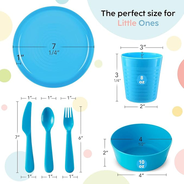 Kids Dinnerware Set for 4-24 Piece Plastic Childrens Dishes Dinnerware Sets Microwave/Dishwasher Safe BPA Free - Toddler Dinner Set Includes Kids Plates and Bowls Kids Cups Flatware Set