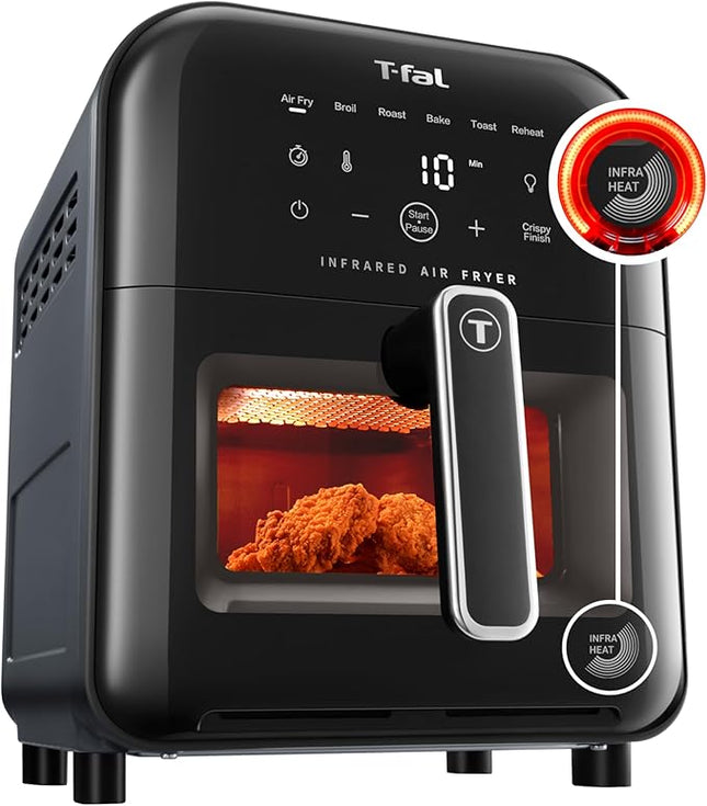 T-fal Infrared Air Fryer, 2x Faster Than Traditional Heating*, Large Air Fryer Toaster Oven Combo, 6 Qt Digital Touch Screen, 7-in-1 Cooking Functions, No-Shake Technology, 1550W, Black,