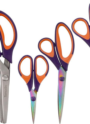 BambooMN Titanium Softgrip Scissors Set - Pinking, Sewing, Arts, Crafts, Office - 10 Sets of 4 - Purple w/Orange