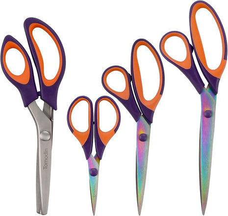 BambooMN Titanium Softgrip Scissors Set - Pinking, Sewing, Arts, Crafts, Office - 1 Set of 4 - Purple w/Orange