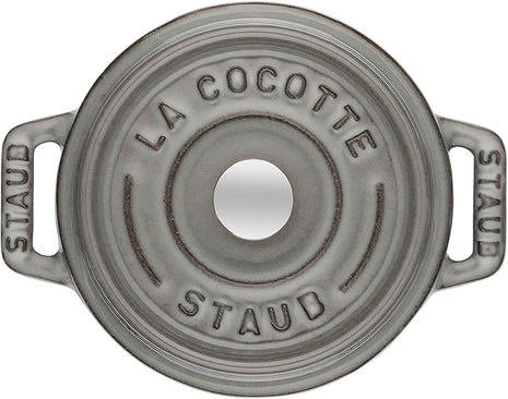 staub La Cocotte Round 40509-474 Mini Pico Cocotte Round Gray 40509-474 Small Two-Handed Cast Enameled Pot, Induction Compatible
