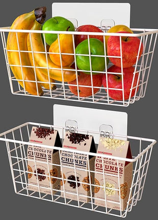 MaraFansie Wall Wire Baskets Bin No Drilling Adhesive Hanging Baskets Wall Mounted for Cabinet & Pantry Organization and Kitchen, Bathroom, Bedroom Storage, 2 Pack, White