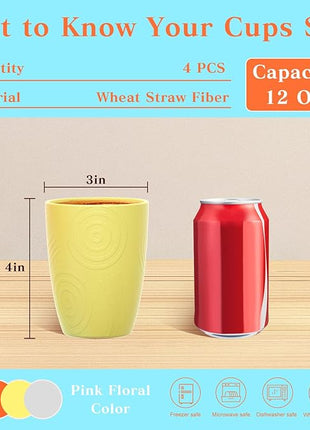 Homienly Kids Cups Premium Wheat Straw Cups Set of 4, Reusable Cups, Unbreakable Drinking Cup 12 OZ, Dishwasher and Microwave safe, Tumbler for Juice, Drinks, Milk - Beach Color