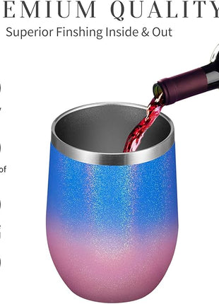 MEWAY 12oz/12 Pack Wine Tumbler Glasses with Lid - Stemless Double Wall Vacuum Stainless Steel Glitter Tumbler - Keeping Cold & Hot Cup for Coffee,for Women(Gradient Pink,Set of 12)