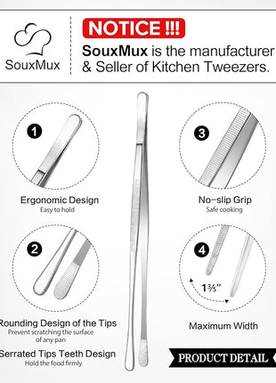 2 Pcs 12-inch Cooking Tweezers Tongs Precision Serrated Tips, Stainless Steel Professional Chef Tweezer Kitchen Tools for BBQ, Plating and Serving（Silver）