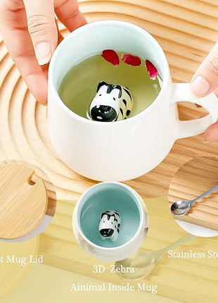 BigNoseDeer Zebra Mug Cute Mugs with 3D Zebra Inside Ceramic Coffee Mug Tea Cup with Spoon and Lid Cool Stuff Birthday Mother's Day Cute Gifts for Women Kids 12oz（Zebra）