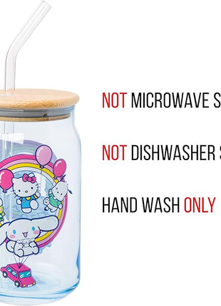Silver Buffalo Sanrio Hello Kitty & Friends Floating Car Balloons Featuring Cinnamoroll, Pochacco, and Keroppi Glass Jar Tumbler with Bamboo Lid and Glass Straw, 16 Ounces (Pack of 12)