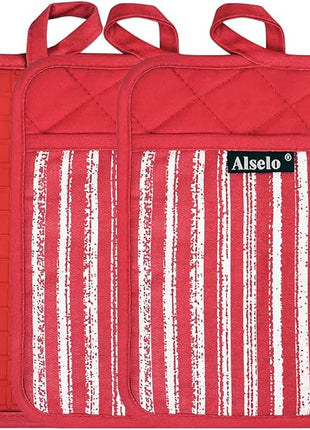 Silicone Pot Holders Set of 3 Heat Resistant & Non Slip Potholders, Professional Oven Hot Pads with Pockets Mitts for Kitchen Cooking Baking Barbecue (3, Red)