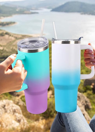 SYACOT 40 oz Tumbler with Handle and Straw Stainless Steel Insulated Tumbler Leak Proof Lid and Straw Lid Reusable Travel Mug Coffee Mug Cup Dishwasher Safe Keep Drinks Cold and Hot (White Blue)