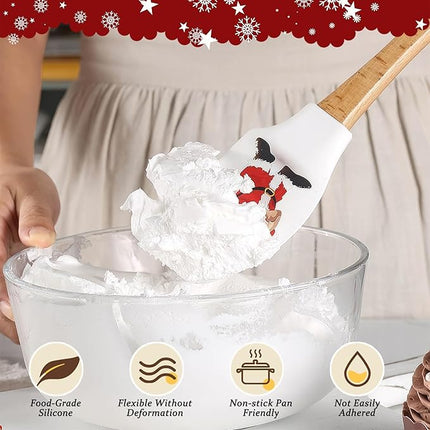 Silicone Spatula, Caliamary 3 Pieces Kitchen Silicone Spatula Set, Christmas Cake Decorating Spatula with Wooden Handle, Snowman Gingerbread Man and Santa Claus Pattern… (Santa Claus)