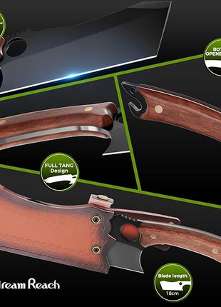 Dream Reach Meat Cleaver, 6.9 inch Black Boning Knife, High Carbon Steel Sharp Kitchen Forged In Fire Knife with Sheath Gift Box Bottle Opener for Outdoor Camping, Christmas Gifts for Men Women