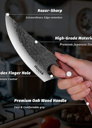 Huusk Viking Knives Hand Forged Boning & Chef Knife - Full Tang Japanese Blade with Sheath - Butcher Meat Cleaver - Camping & Kitchen Christmas Gifts for Men and Women