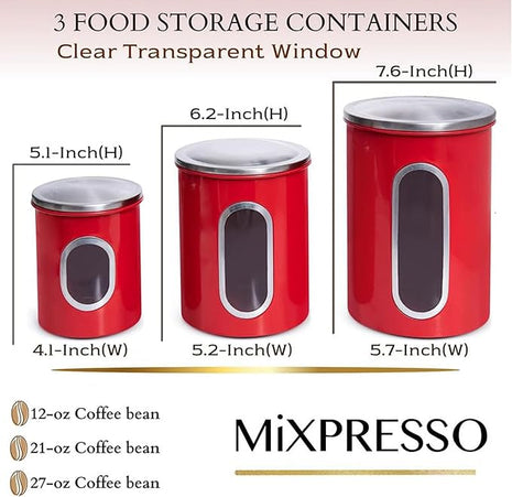 Mixpresso 3-Piece Red Canisters Sets For The Kitchen, Airtight Canister Set With See Through Window, Storage Jars for Coffee Container, Tea Organizer & Sugar Canister, Red Kitchen Canisters