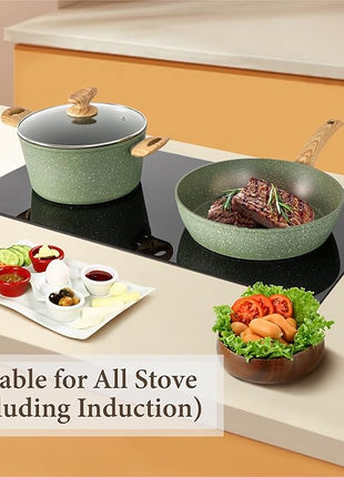 Kitchen Academy Non Toxic Pots and Pans Set Non Stick - 12 Piece Induction Cookware Sets, Green Granite Nonstick Cooking Pot and Pan Set, PFOA&PFOS Free