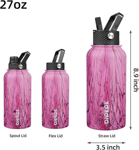 BJPKPK Insulated Water Bottles with Straw Lid, 27oz Stainless Steel Water Bottle with 3 Lids, Leak Proof BPA Free Metal Thermo, Mugs, Tumblers, Keep Cold Hot - Wood Pink