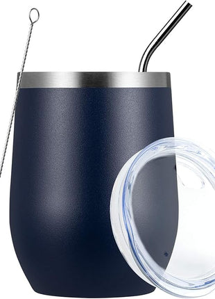 MEWAY Stemless 12oz Wine Tumbler Glasses with Lid -Insulated Double Wall Vacuum Stainless Steel Travel Tumbler with Straw,for Woman Under 10 dollars (Navy,1)